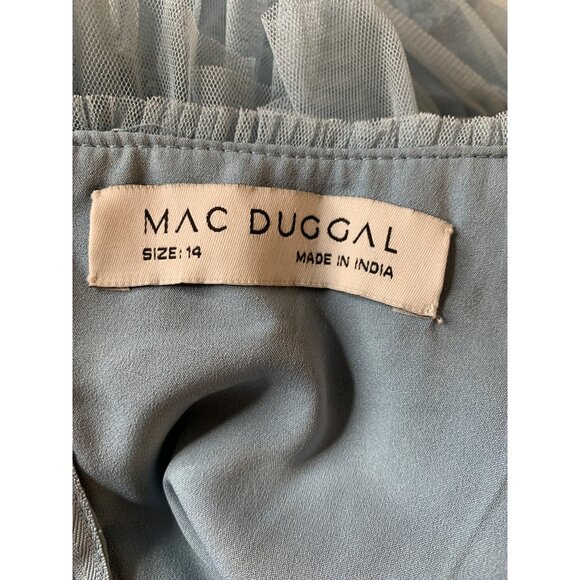 New Mac Duggal Size 14 Blue Ruffle Mesh Midi Dress RII10592 Wedding Guest - Picture 4 of 11